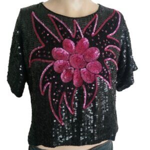 Vintage 80s Paris Silk Sequin Floral Statement Top